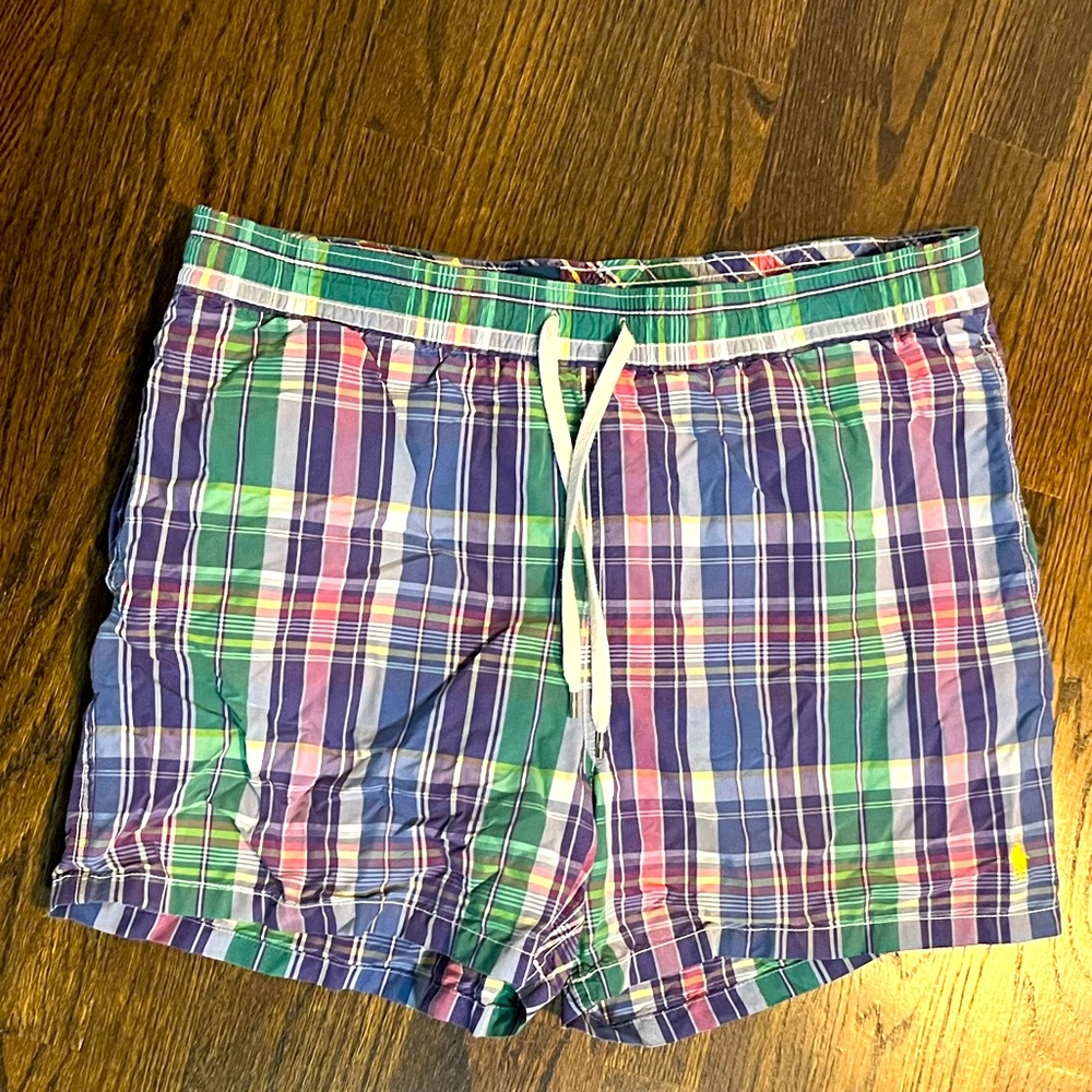 POLO Ralph Lauren classic plaid  SZ L swim shorts with pockets and yellow horse